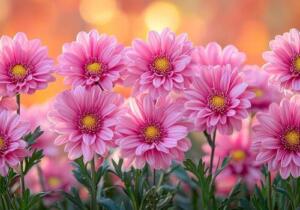A-field-of-pink-flowers-with-yellow-centers-the-flowers-are-in-full-bloom-and-are-arranged-in-a-row-concept-of-beauty-and-tranquility-as-the-flowers-are-a-symbol-of-love-and-happiness-photo